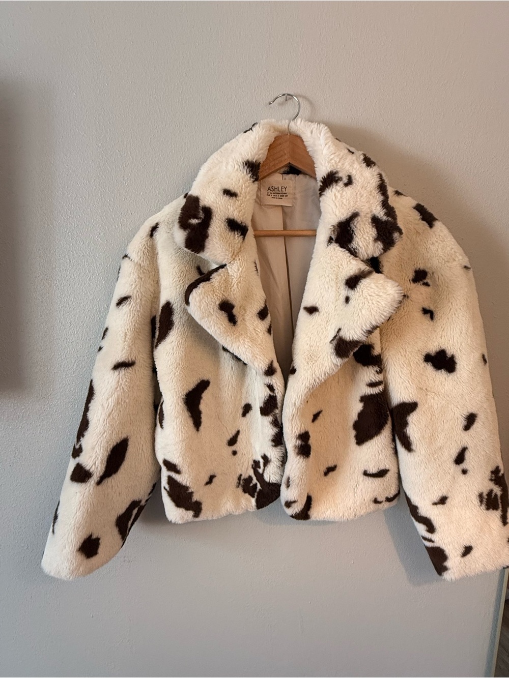 Cavenders Ashley Faux Fur Cow Print Jacket - Cream and Dark Brown very fuzzy